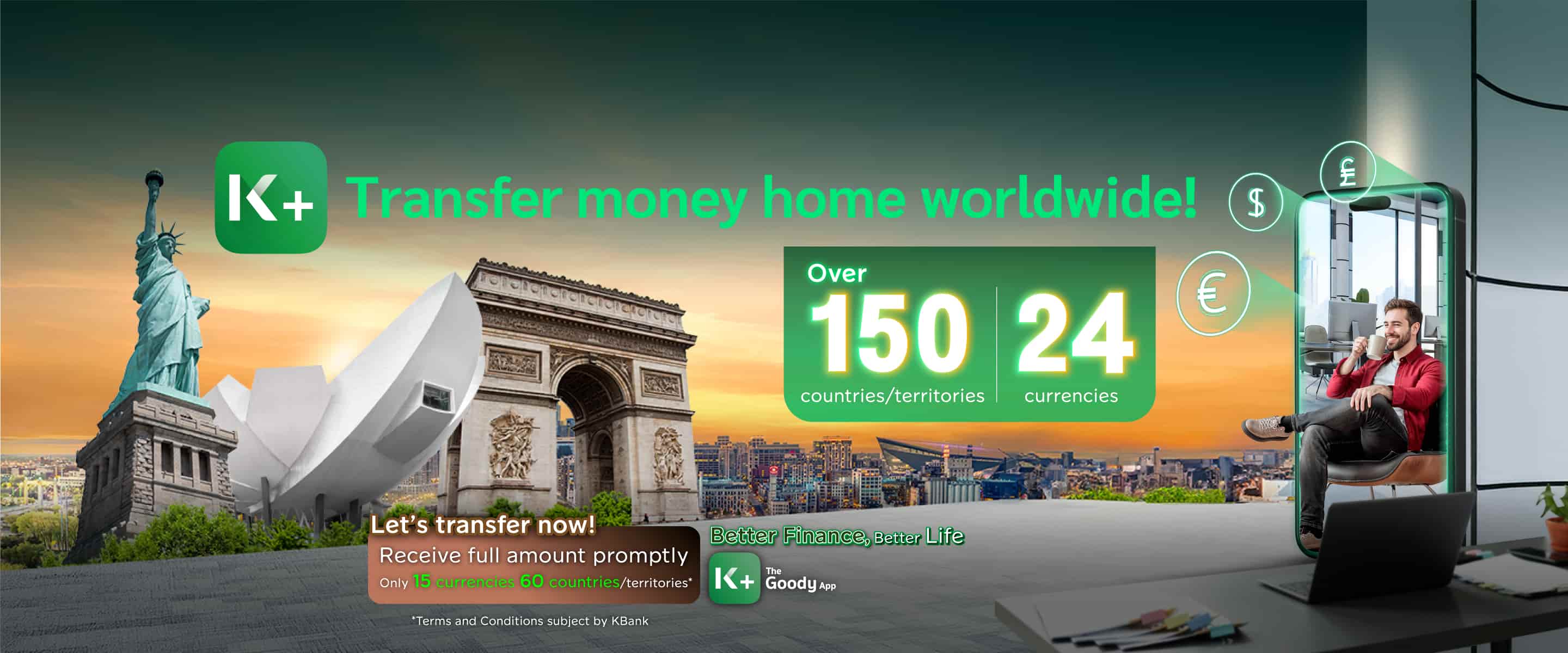International money transfer service, fast, safe, transfer across countries. No documents required Receive money in full quickly, supporting 15 currencies through the K PLUS app. Transfer today.