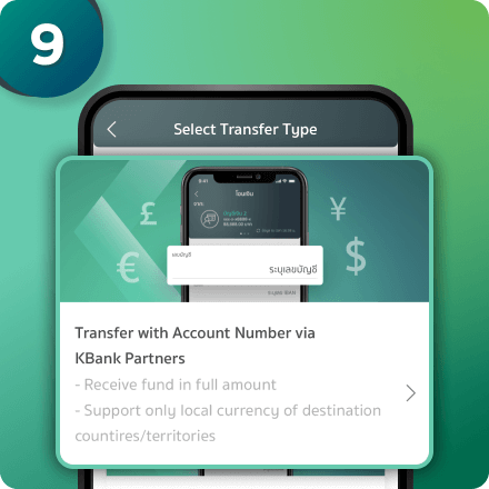 There are three channels available for Singapore. Choose "Transfer with Account Number via KBank Partners" 
    
                            For other destination countries, there are one or two channels.