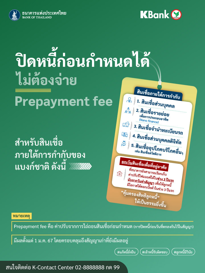 ปิดหนี้ก่อนกำหนดได้ ไม่ต้องจ่ายค่าปรับ Prepayment Fee