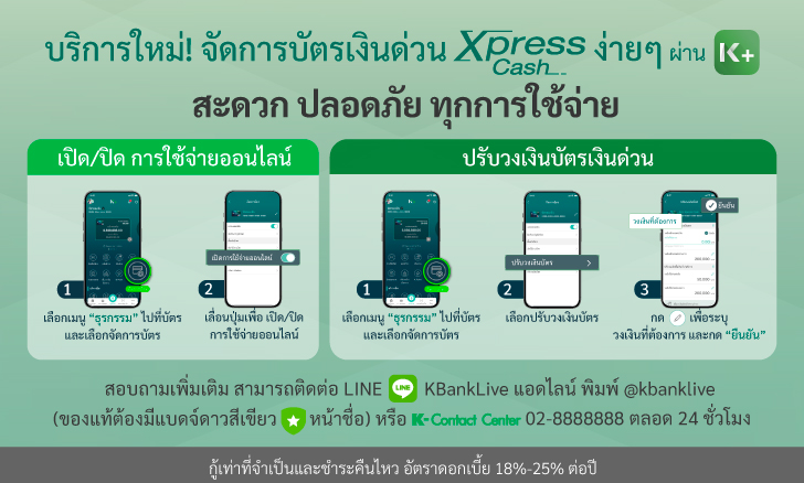 บริการใหม่! จัดการบัตรเงินด่วน Xpress Cash ง่ายๆ ผ่าน K PLUS สะดวก ปลอดภัย ทุกการใช้จ่าย