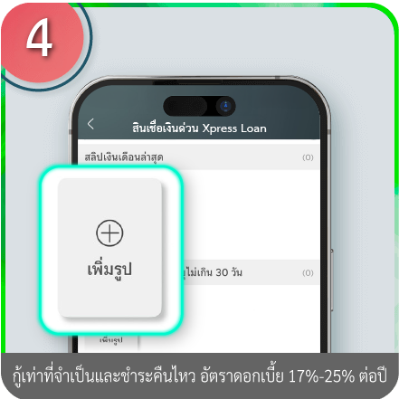 วิธีการใช้ข้อมูลรายได้จากกรมสรรพากร (Digital RD) ขั้นตอนที่ 4 : กด “เพิ่มรูป” สลิปเงินเดือนล่าสุด โดยเลือกรูปจากอัลบั้มภาพที่ถ่ายไว้