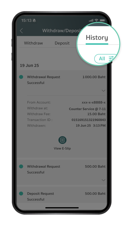 You can view your withdrawal history in the app.