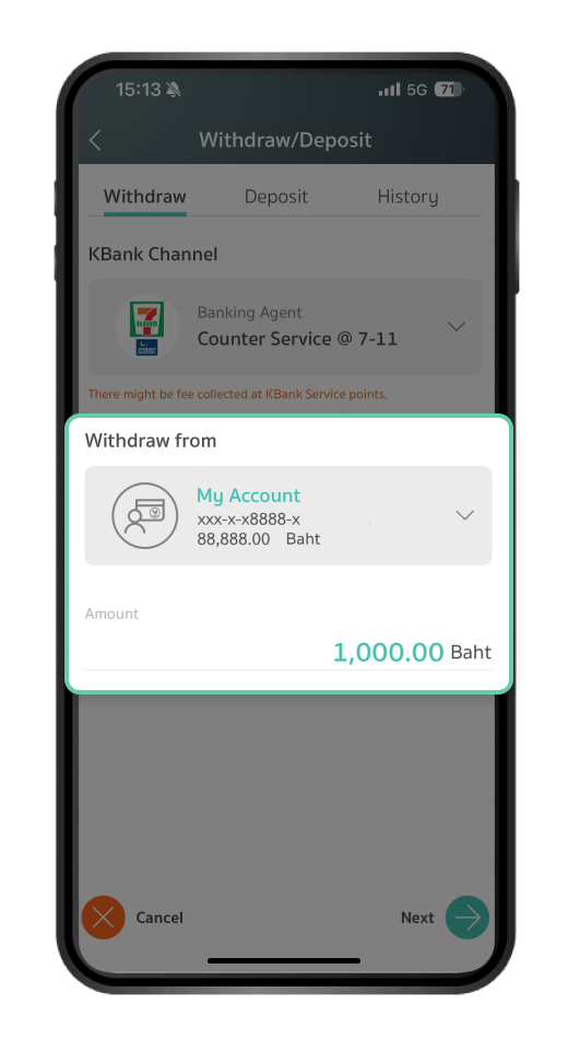 Select the account, enter the amount you want to withdraw, and tap Next.