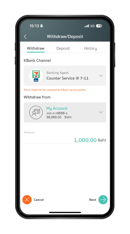 Select the account, enter the amount you want to withdraw, and tap Next.