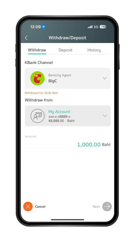 Select the account, enter the amount you want to withdraw, and tap Next.