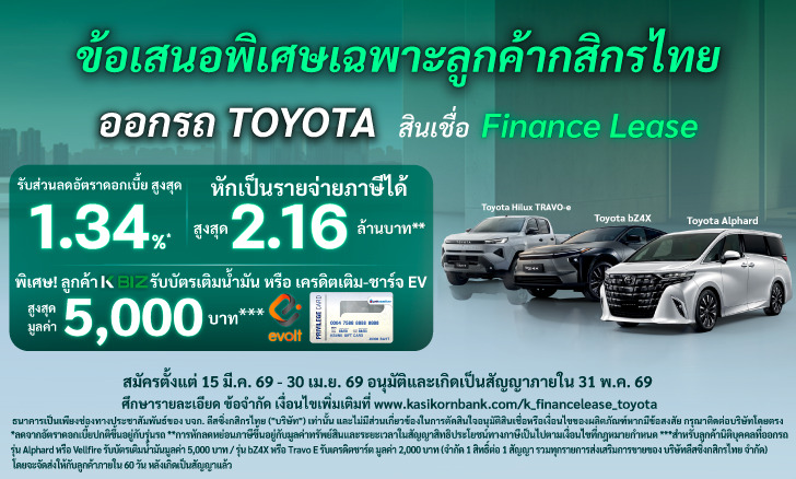 ข้อเสนอพิเศษลูกค้ากสิกรไทย ออกรถ TOYOTA กับสินเชื่อเช่าการเงิน (Finance Lease) รับโปรคุ้ม
