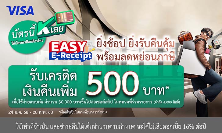 Easy E-Receipt รับเงินคืนเพิ่ม 500 บาท เมื่อช้อบครบ 30,000 บาท ทุกร้านค้าในหมวดที่ร่วมรายการ
